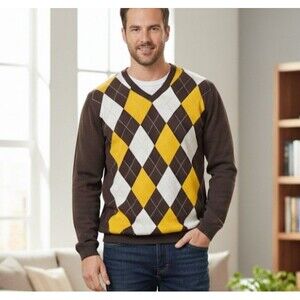 Banana Republic Size XL Cotton Cashmere Argyle Sweater Brown Preppy Classic